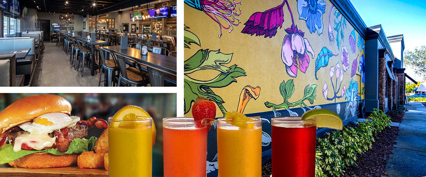 Affordable franchise opportunities concept collage featuring a bar, colorful drinks and painted wall art