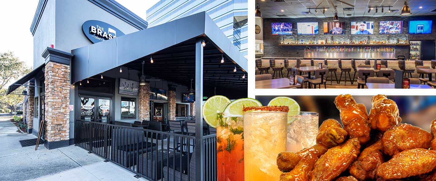 Discover the best franchise with low investment image concept collage featuring an outside patio area, a bar with TVs, wings and colorful beverages