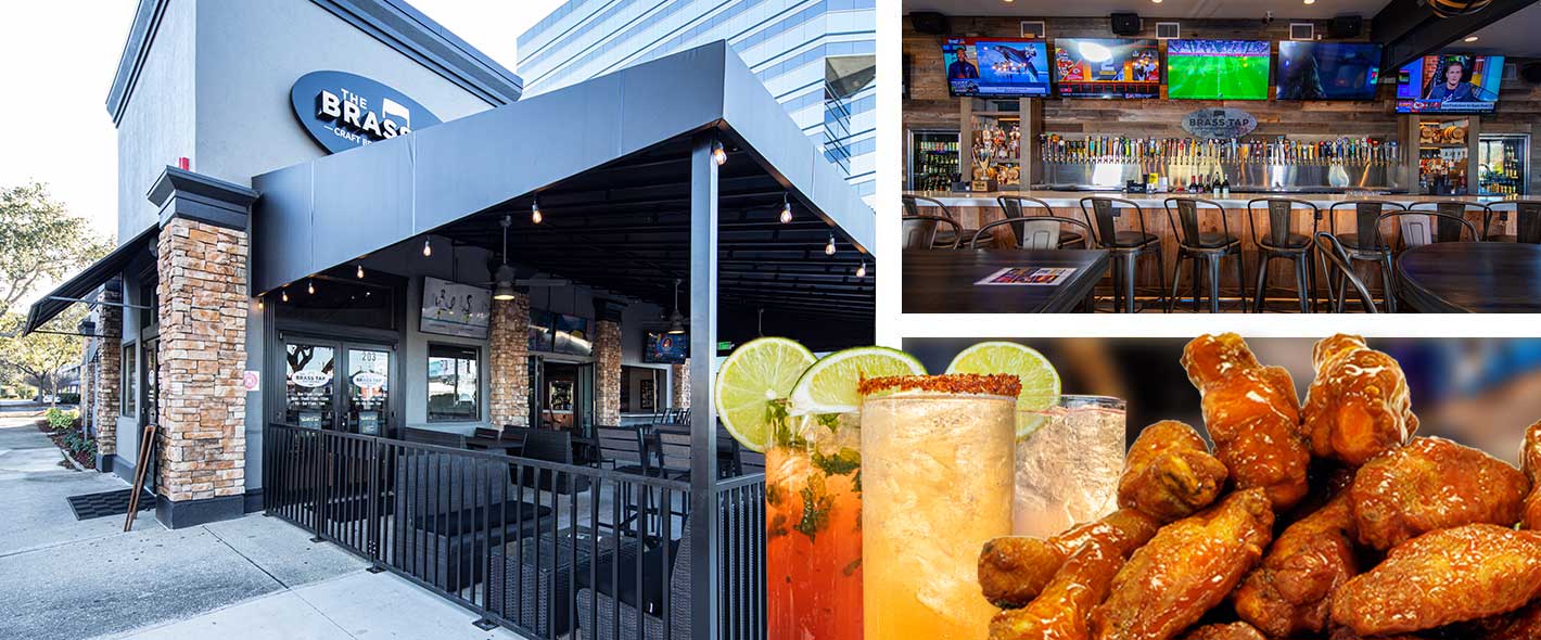 Discover the best franchise with low investment image concept collage featuring an outside patio area, a bar with TVs, wings and colorful beverages
