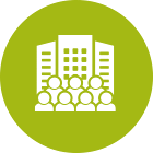 Icon of many people standing in front of several tall buildings